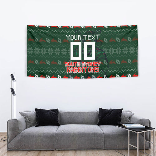 Personalized South Sydney Rabbitohs Christmas Tapestry Australian Rugby Fans - Pixelated Ugly Xmas Pattern Mascot Santa