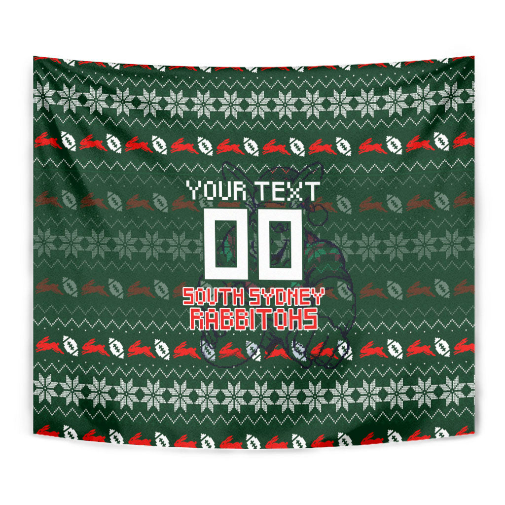 Personalized South Sydney Rabbitohs Christmas Tapestry Australian Rugby Fans - Pixelated Ugly Xmas Pattern Mascot Santa