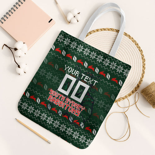 Personalized South Sydney Rabbitohs Christmas Tote Bag Australian Rugby Fans - Pixelated Ugly Xmas Pattern Mascot Santa