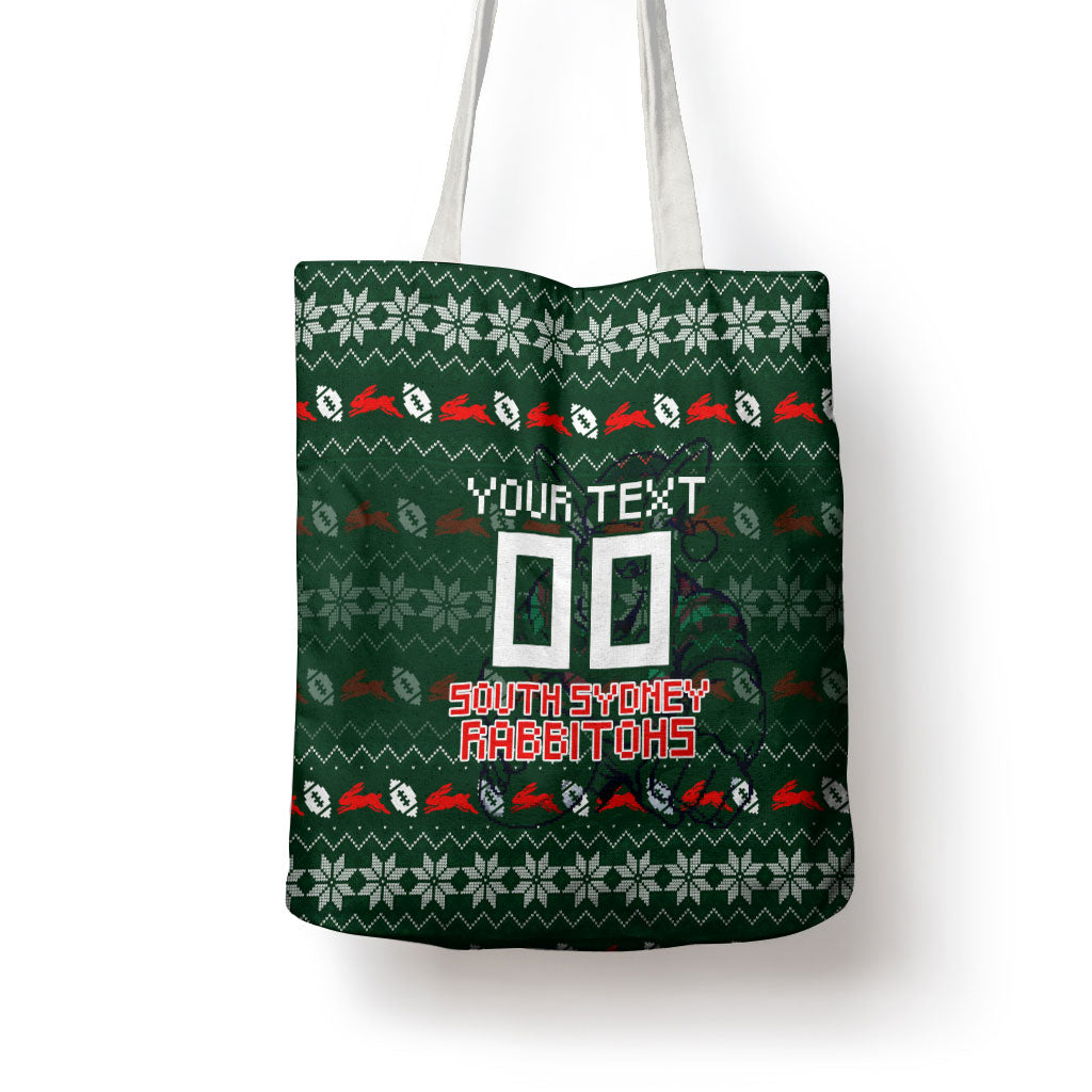 Personalized South Sydney Rabbitohs Christmas Tote Bag Australian Rugby Fans - Pixelated Ugly Xmas Pattern Mascot Santa