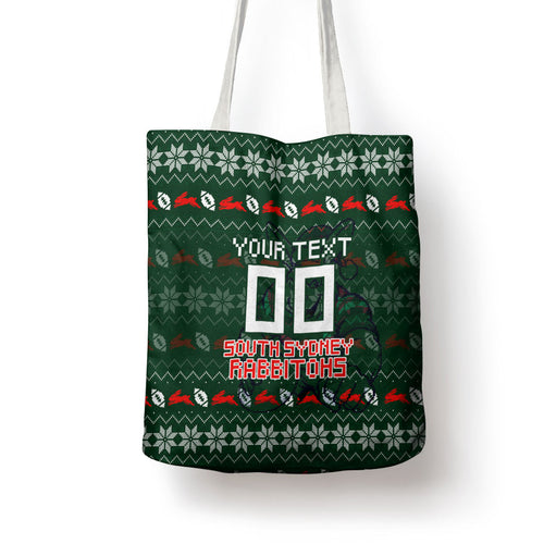 Personalized South Sydney Rabbitohs Christmas Tote Bag Australian Rugby Fans - Pixelated Ugly Xmas Pattern Mascot Santa