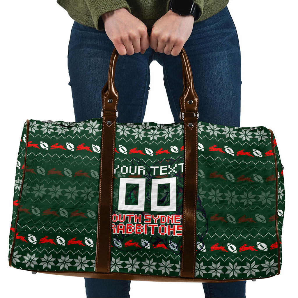 Personalized South Sydney Rabbitohs Christmas Travel Bag Australian Rugby Fans - Pixelated Ugly Xmas Pattern Mascot Santa