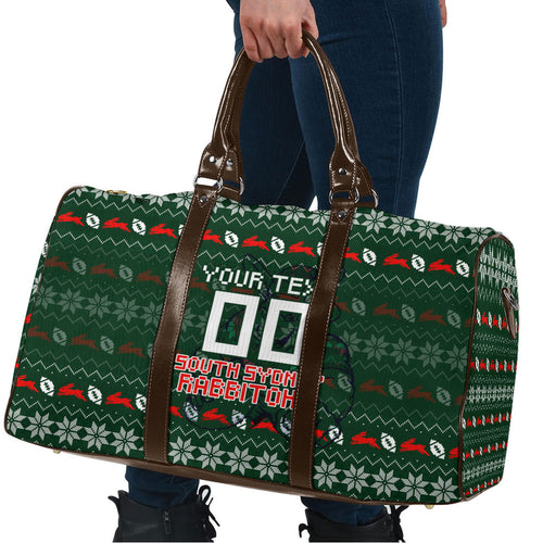 Personalized South Sydney Rabbitohs Christmas Travel Bag Australian Rugby Fans - Pixelated Ugly Xmas Pattern Mascot Santa