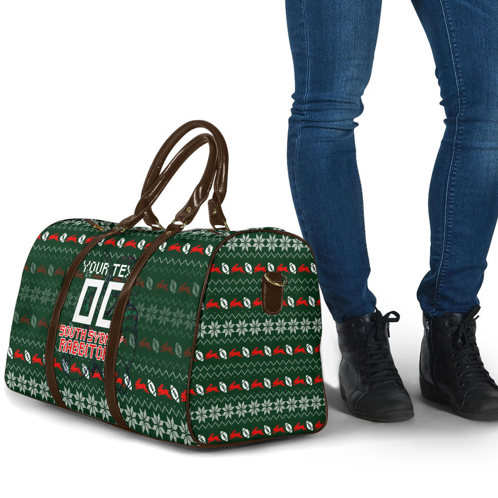 Personalized South Sydney Rabbitohs Christmas Travel Bag Australian Rugby Fans - Pixelated Ugly Xmas Pattern Mascot Santa