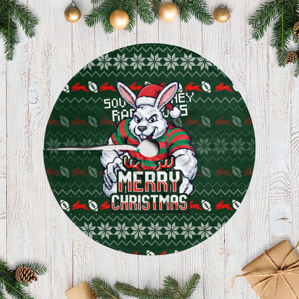 South Sydney Rabbitohs Christmas Tree Skirt Australian Rugby Fans - Pixelated Ugly Xmas Pattern Mascot Santa
