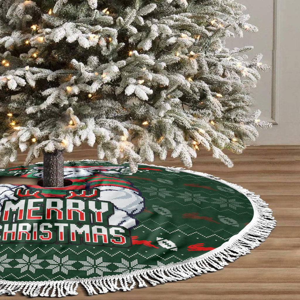 South Sydney Rabbitohs Christmas Tree Skirt Australian Rugby Fans - Pixelated Ugly Xmas Pattern Mascot Santa