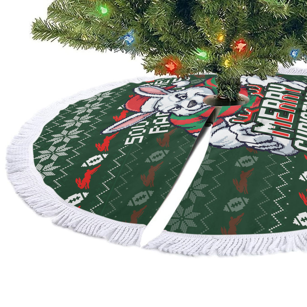 South Sydney Rabbitohs Christmas Tree Skirt Australian Rugby Fans - Pixelated Ugly Xmas Pattern Mascot Santa