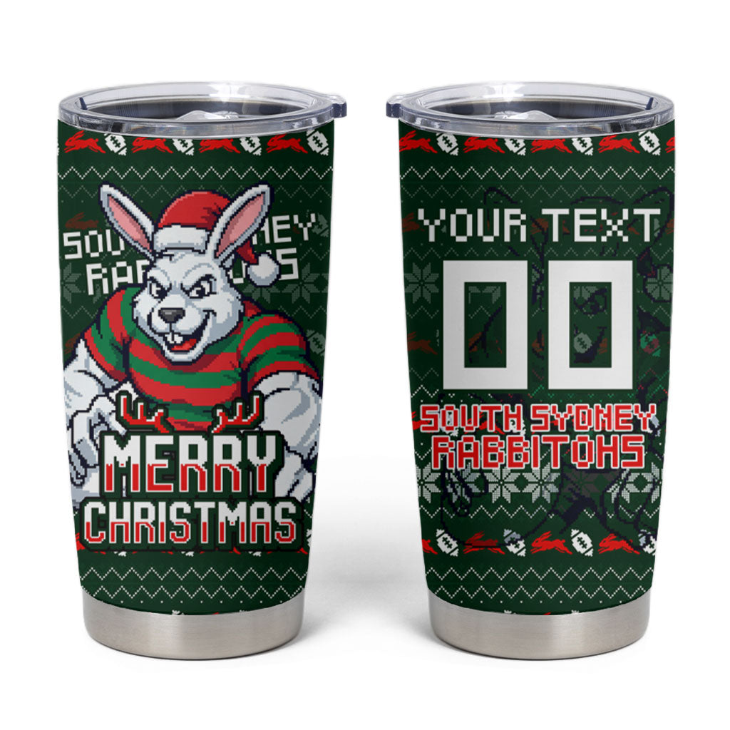 Personalized South Sydney Rabbitohs Christmas Tumbler Cup Australian Rugby Fans - Pixelated Ugly Xmas Pattern Mascot Santa
