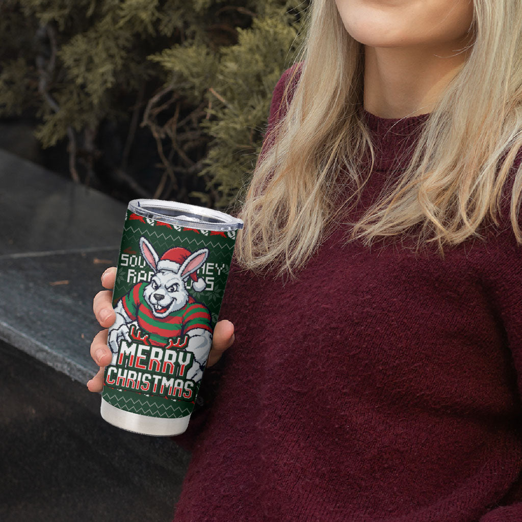 Personalized South Sydney Rabbitohs Christmas Tumbler Cup Australian Rugby Fans - Pixelated Ugly Xmas Pattern Mascot Santa