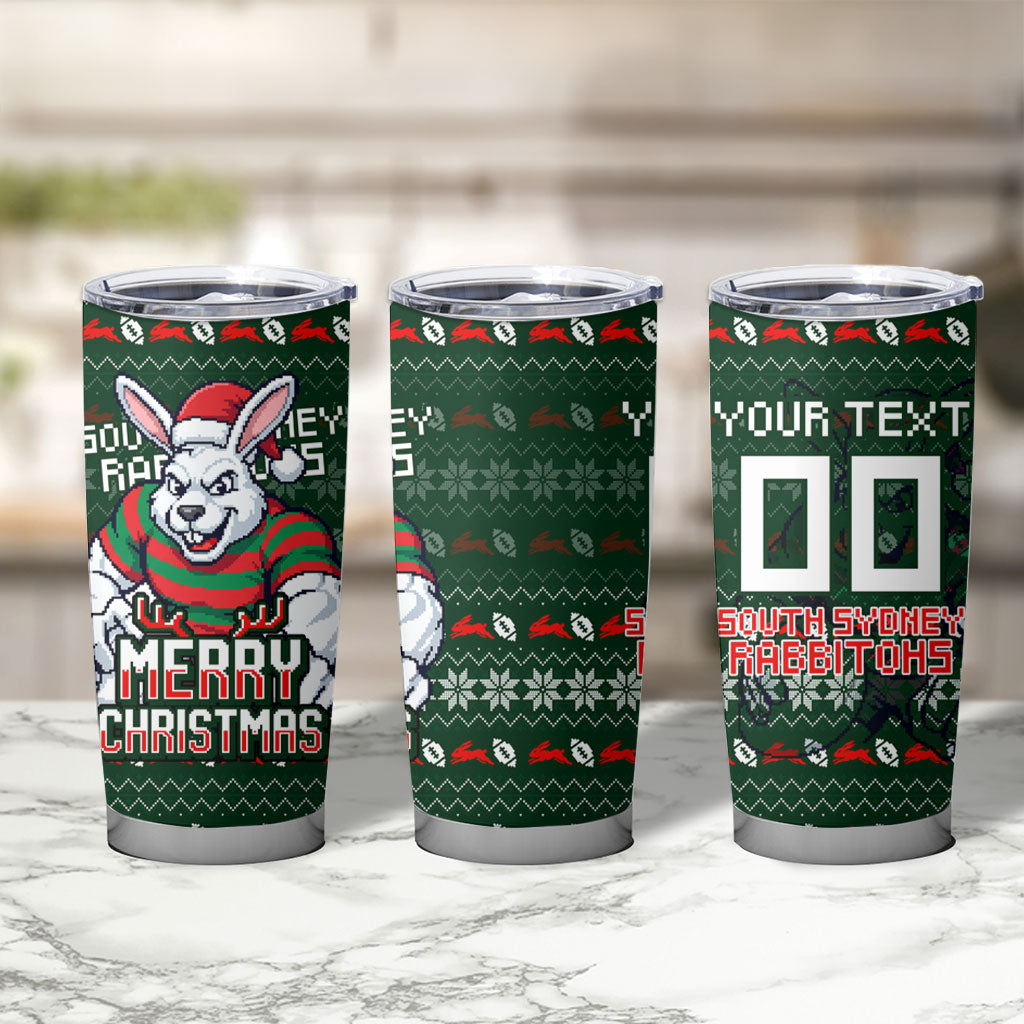 Personalized South Sydney Rabbitohs Christmas Tumbler Cup Australian Rugby Fans - Pixelated Ugly Xmas Pattern Mascot Santa