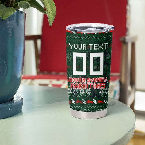 Personalized South Sydney Rabbitohs Christmas Tumbler Cup Australian Rugby Fans - Pixelated Ugly Xmas Pattern Mascot Santa