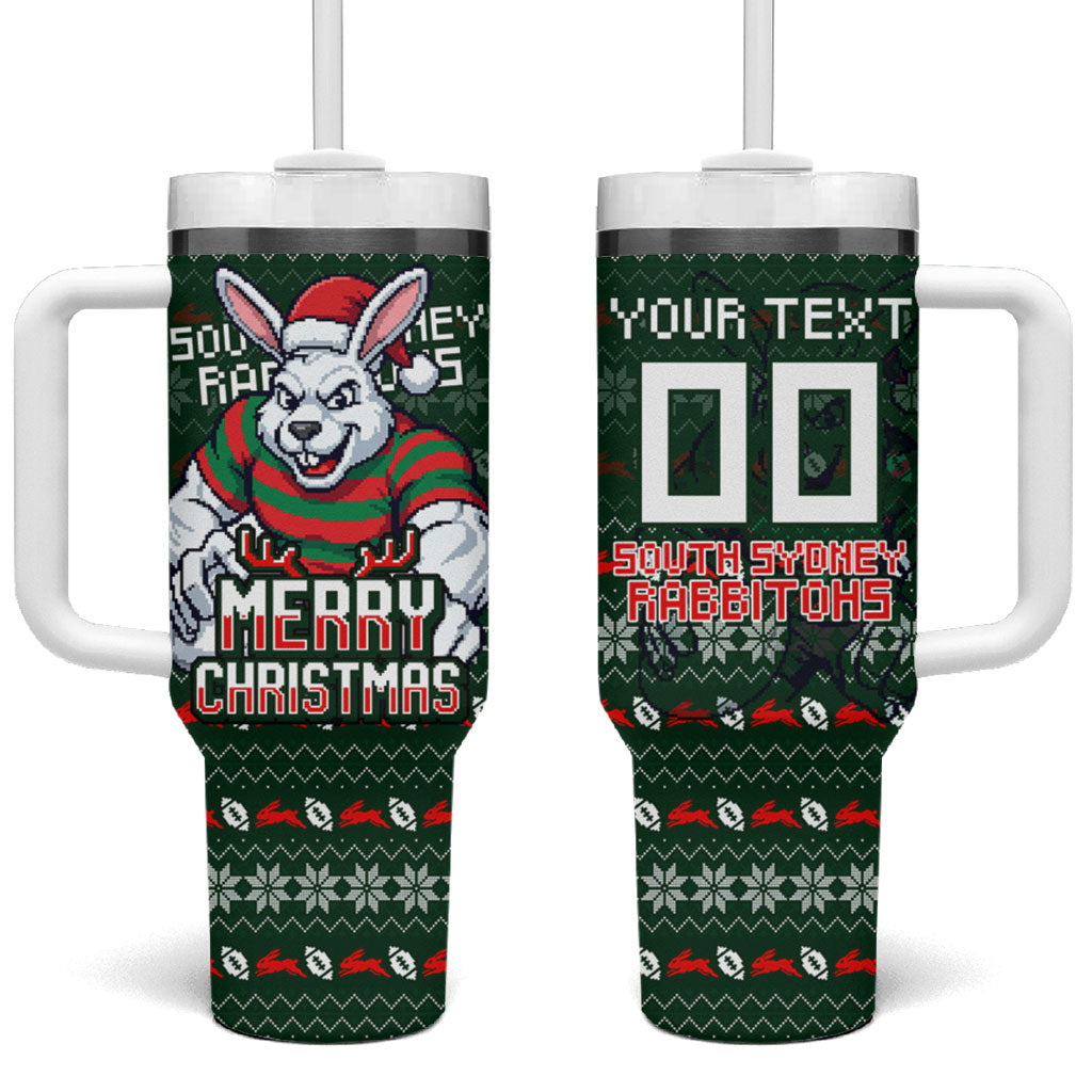 Personalized South Sydney Rabbitohs Christmas Tumbler With Handle Australian Rugby Fans - Pixelated Ugly Xmas Pattern Mascot Santa