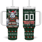 Personalized South Sydney Rabbitohs Christmas Tumbler With Handle Australian Rugby Fans - Pixelated Ugly Xmas Pattern Mascot Santa