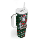 Personalized South Sydney Rabbitohs Christmas Tumbler With Handle Australian Rugby Fans - Pixelated Ugly Xmas Pattern Mascot Santa