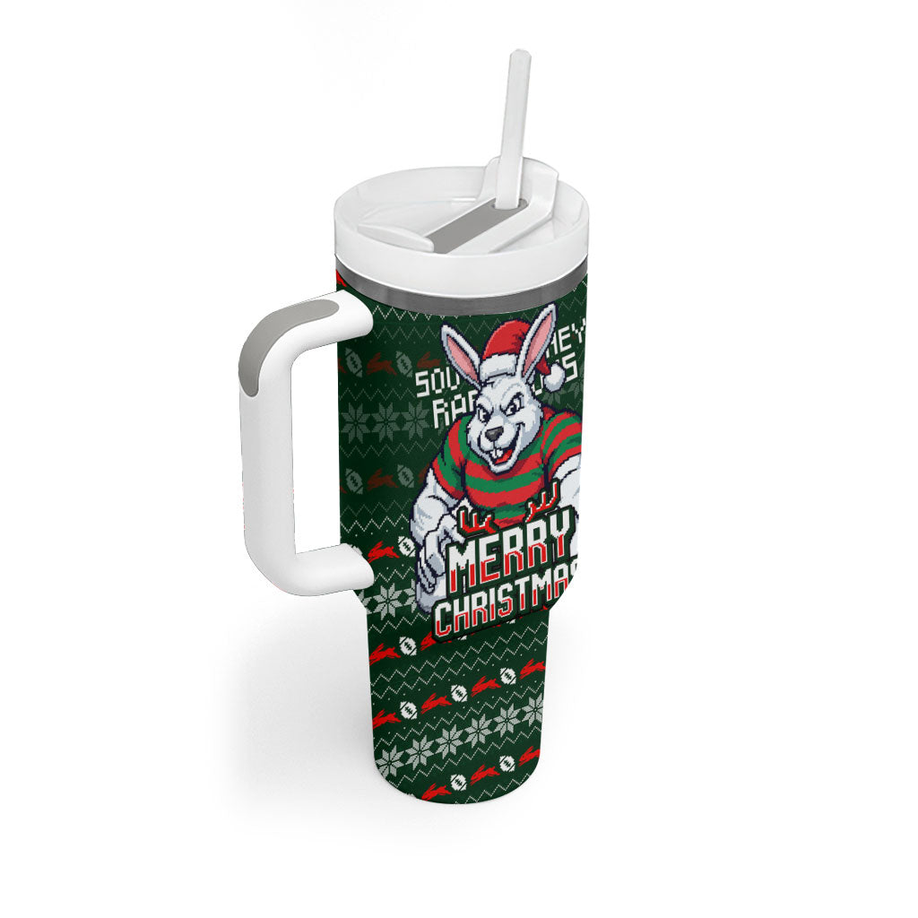 Personalized South Sydney Rabbitohs Christmas Tumbler With Handle Australian Rugby Fans - Pixelated Ugly Xmas Pattern Mascot Santa