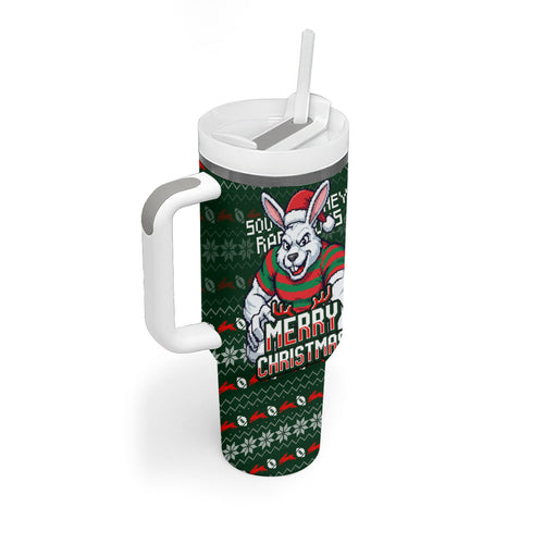 Personalized South Sydney Rabbitohs Christmas Tumbler With Handle Australian Rugby Fans - Pixelated Ugly Xmas Pattern Mascot Santa