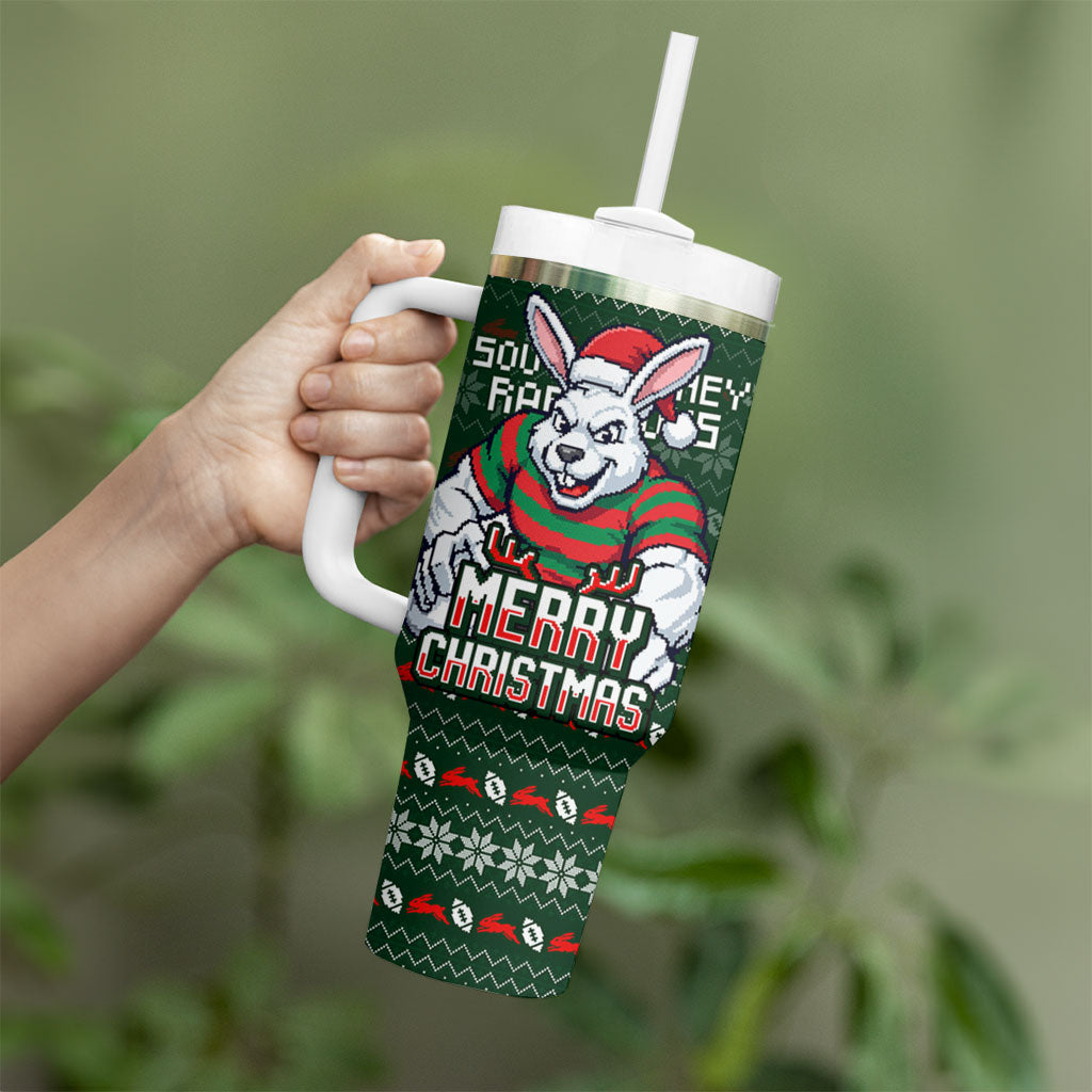 Personalized South Sydney Rabbitohs Christmas Tumbler With Handle Australian Rugby Fans - Pixelated Ugly Xmas Pattern Mascot Santa