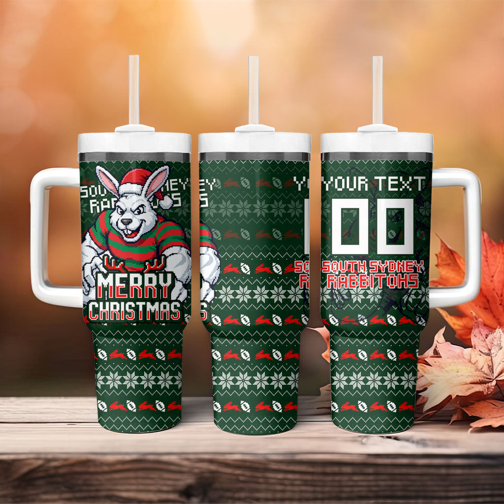 Personalized South Sydney Rabbitohs Christmas Tumbler With Handle Australian Rugby Fans - Pixelated Ugly Xmas Pattern Mascot Santa