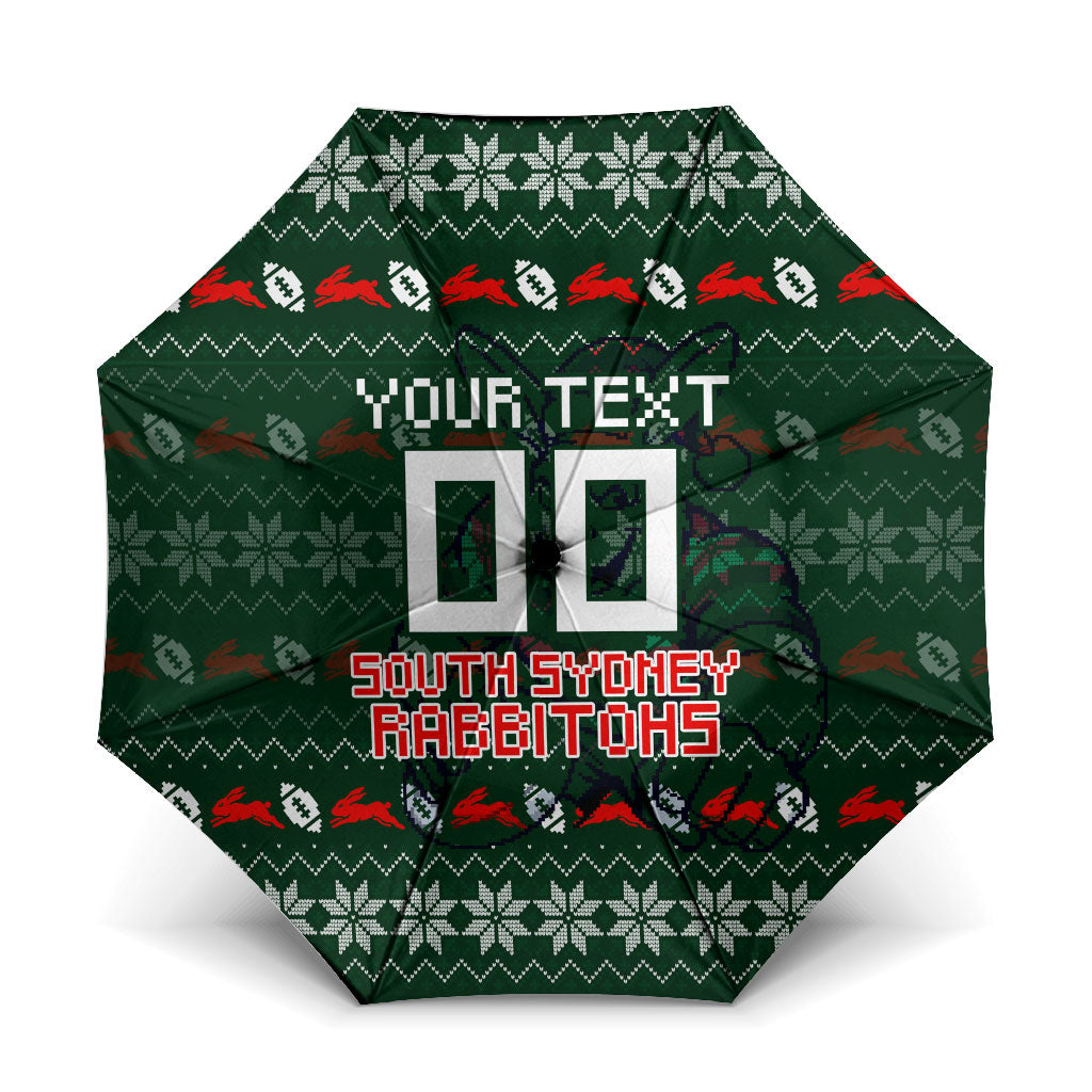 Personalized South Sydney Rabbitohs Christmas Umbrella Australian Rugby Fans - Pixelated Ugly Xmas Pattern Mascot Santa