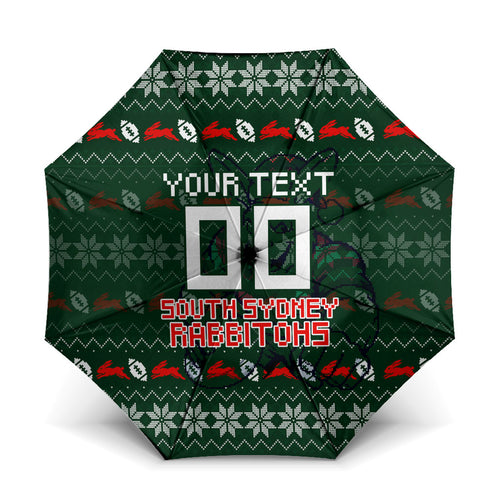 Personalized South Sydney Rabbitohs Christmas Umbrella Australian Rugby Fans - Pixelated Ugly Xmas Pattern Mascot Santa