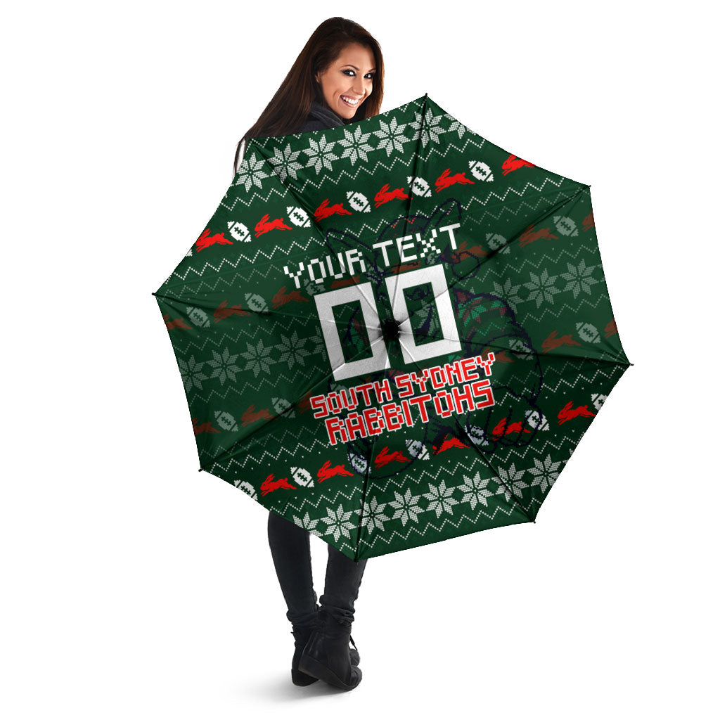 Personalized South Sydney Rabbitohs Christmas Umbrella Australian Rugby Fans - Pixelated Ugly Xmas Pattern Mascot Santa