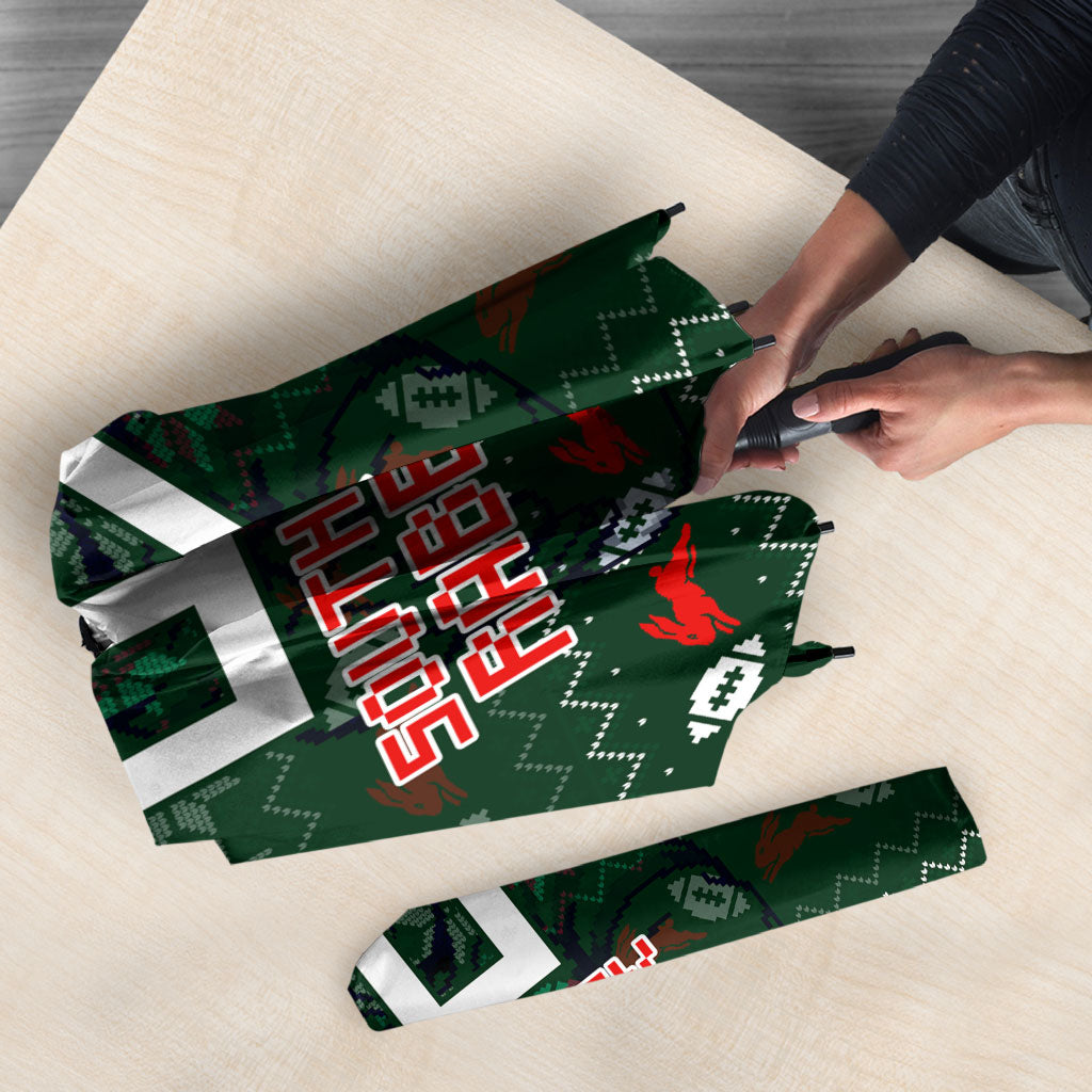 Personalized South Sydney Rabbitohs Christmas Umbrella Australian Rugby Fans - Pixelated Ugly Xmas Pattern Mascot Santa