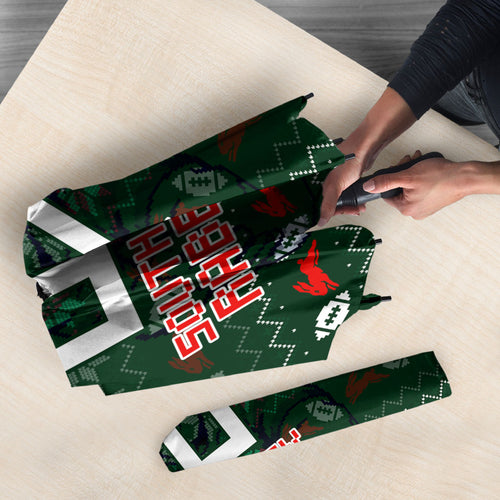 Personalized South Sydney Rabbitohs Christmas Umbrella Australian Rugby Fans - Pixelated Ugly Xmas Pattern Mascot Santa