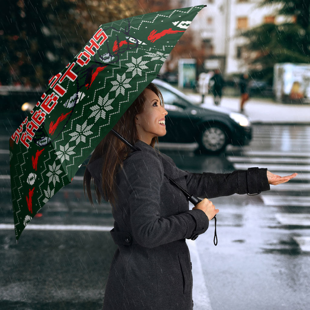 Personalized South Sydney Rabbitohs Christmas Umbrella Australian Rugby Fans - Pixelated Ugly Xmas Pattern Mascot Santa