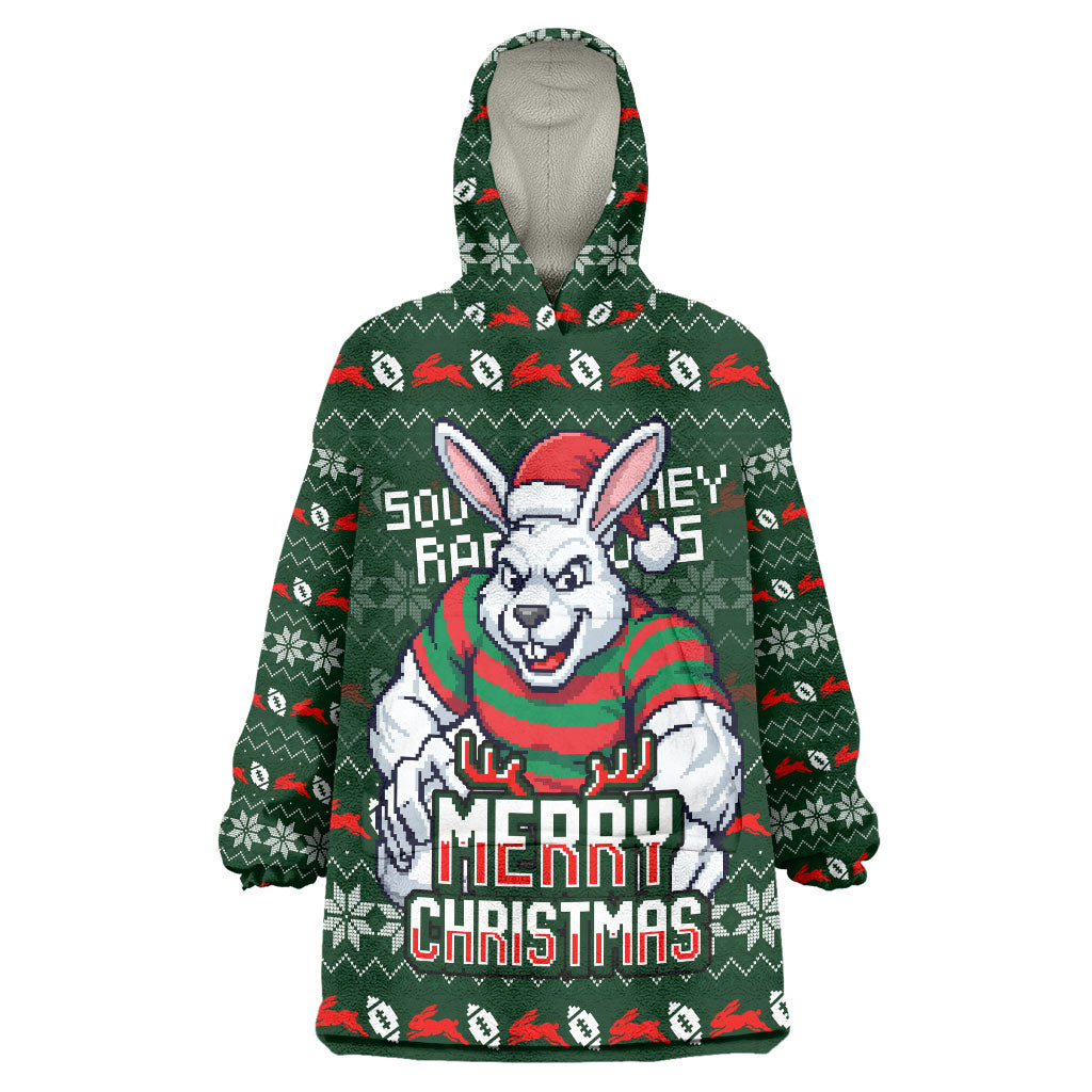 Personalized South Sydney Rabbitohs Christmas Wearable Blanket Hoodie Australian Rugby Fans - Pixelated Ugly Xmas Pattern Mascot Santa