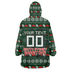 Personalized South Sydney Rabbitohs Christmas Wearable Blanket Hoodie Australian Rugby Fans - Pixelated Ugly Xmas Pattern Mascot Santa