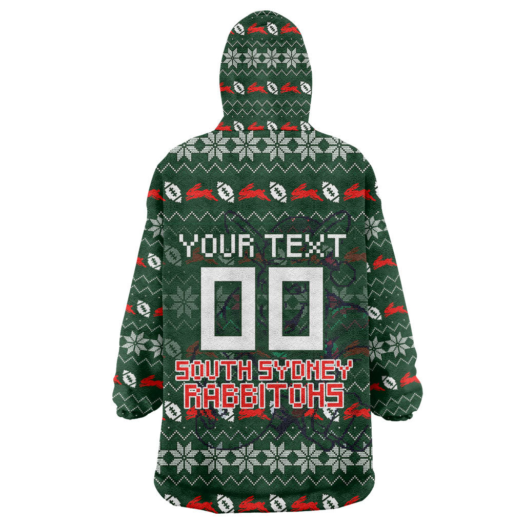 Personalized South Sydney Rabbitohs Christmas Wearable Blanket Hoodie Australian Rugby Fans - Pixelated Ugly Xmas Pattern Mascot Santa