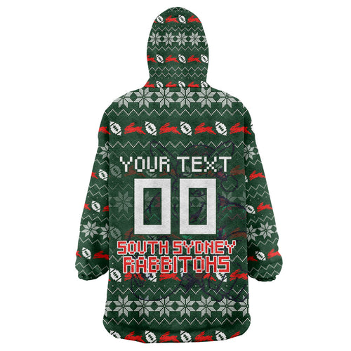 Personalized South Sydney Rabbitohs Christmas Wearable Blanket Hoodie Australian Rugby Fans - Pixelated Ugly Xmas Pattern Mascot Santa