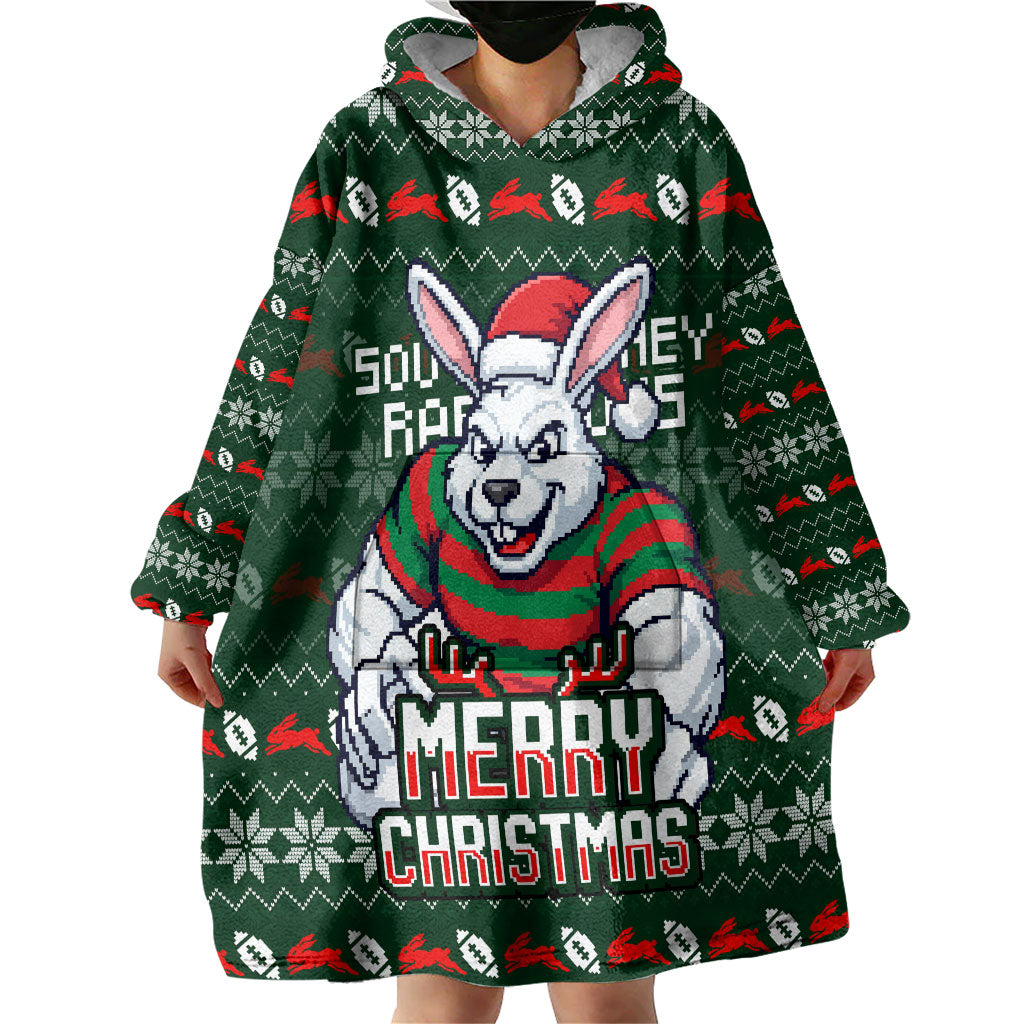 Personalized South Sydney Rabbitohs Christmas Wearable Blanket Hoodie Australian Rugby Fans - Pixelated Ugly Xmas Pattern Mascot Santa