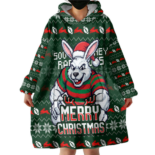 Personalized South Sydney Rabbitohs Christmas Wearable Blanket Hoodie Australian Rugby Fans - Pixelated Ugly Xmas Pattern Mascot Santa
