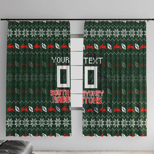 Personalized South Sydney Rabbitohs Christmas Window Curtain Australian Rugby Fans - Pixelated Ugly Xmas Pattern Mascot Santa