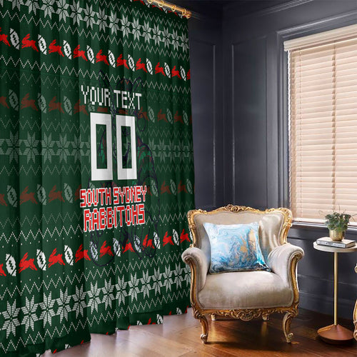 Personalized South Sydney Rabbitohs Christmas Window Curtain Australian Rugby Fans - Pixelated Ugly Xmas Pattern Mascot Santa