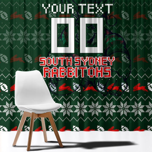 Personalized South Sydney Rabbitohs Christmas Window Curtain Australian Rugby Fans - Pixelated Ugly Xmas Pattern Mascot Santa