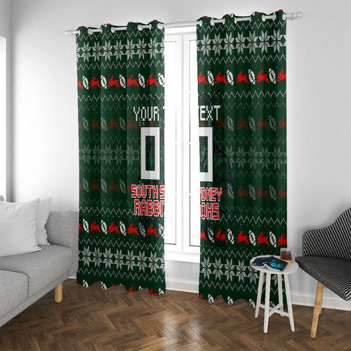 Personalized South Sydney Rabbitohs Christmas Window Curtain Australian Rugby Fans - Pixelated Ugly Xmas Pattern Mascot Santa
