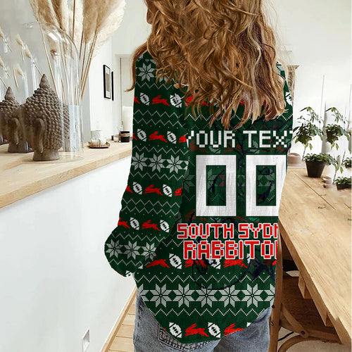 Personalized South Sydney Rabbitohs Christmas Women Casual Shirt Australian Rugby Fans - Pixelated Ugly Xmas Pattern Mascot Santa
