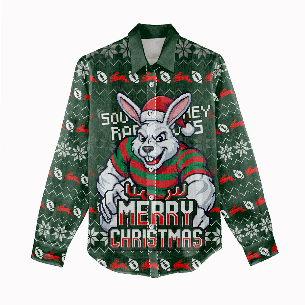 Personalized South Sydney Rabbitohs Christmas Women Casual Shirt Australian Rugby Fans - Pixelated Ugly Xmas Pattern Mascot Santa