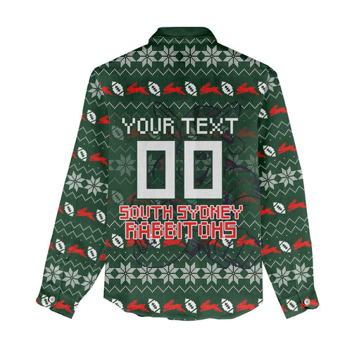 Personalized South Sydney Rabbitohs Christmas Women Casual Shirt Australian Rugby Fans - Pixelated Ugly Xmas Pattern Mascot Santa