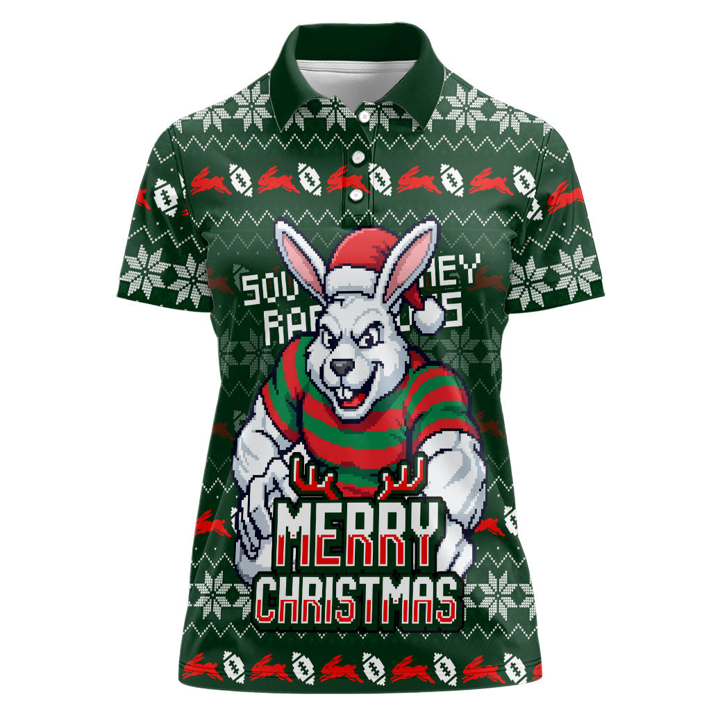 Personalized South Sydney Rabbitohs Christmas Women Polo Shirt Australian Rugby Fans - Pixelated Ugly Xmas Pattern Mascot Santa