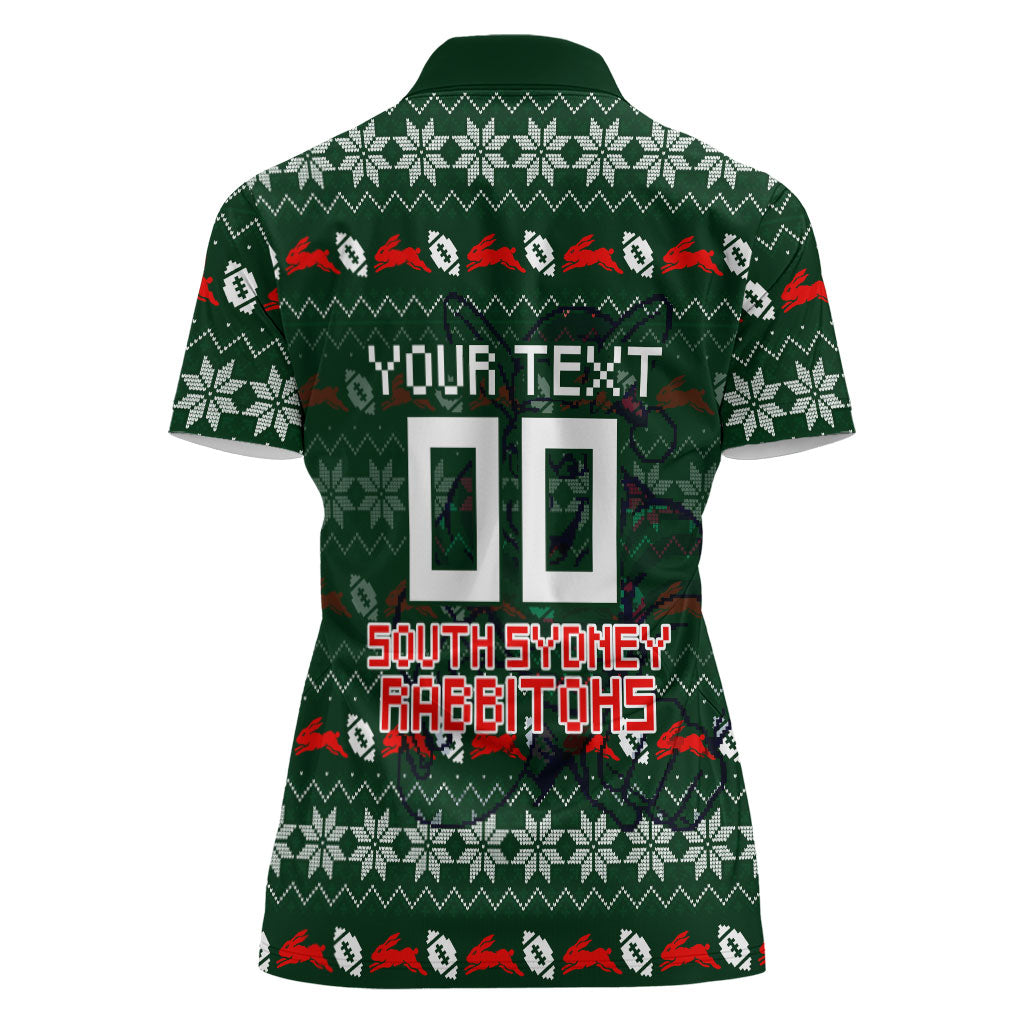 Personalized South Sydney Rabbitohs Christmas Women Polo Shirt Australian Rugby Fans - Pixelated Ugly Xmas Pattern Mascot Santa