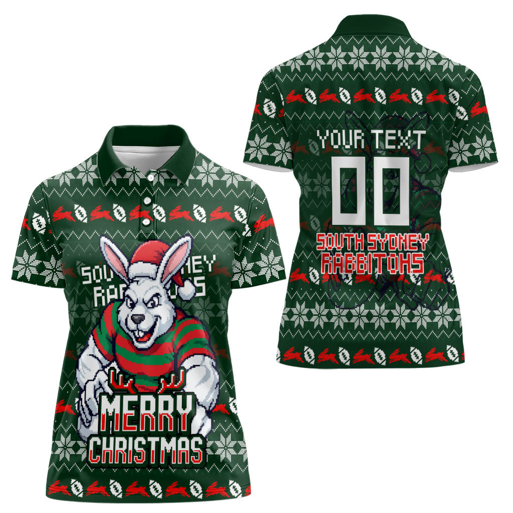 Personalized South Sydney Rabbitohs Christmas Women Polo Shirt Australian Rugby Fans - Pixelated Ugly Xmas Pattern Mascot Santa