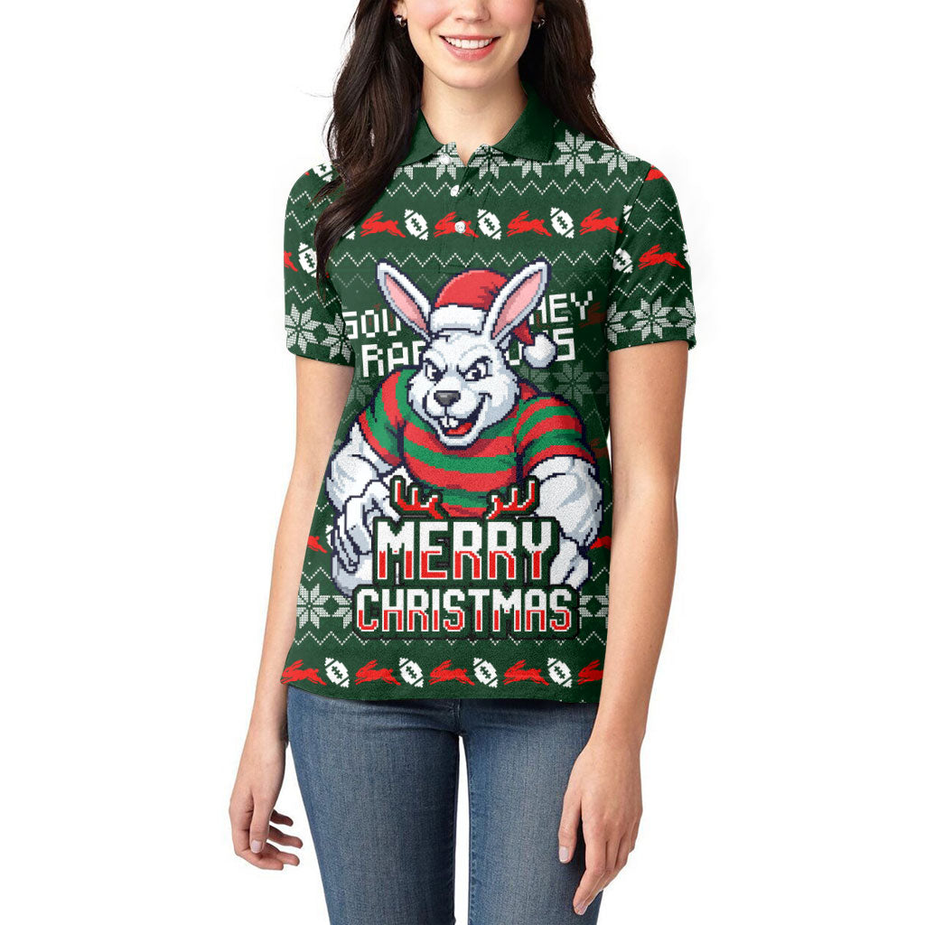 Personalized South Sydney Rabbitohs Christmas Women Polo Shirt Australian Rugby Fans - Pixelated Ugly Xmas Pattern Mascot Santa