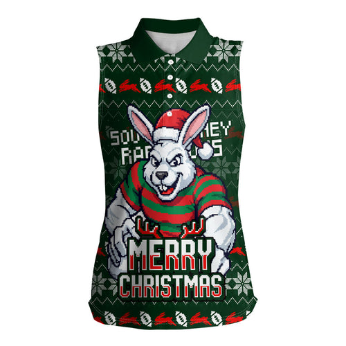 Personalized South Sydney Rabbitohs Christmas Women Sleeveless Polo Shirt Australian Rugby Fans - Pixelated Ugly Xmas Pattern Mascot Santa