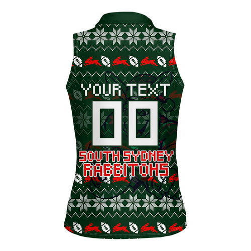 Personalized South Sydney Rabbitohs Christmas Women Sleeveless Polo Shirt Australian Rugby Fans - Pixelated Ugly Xmas Pattern Mascot Santa
