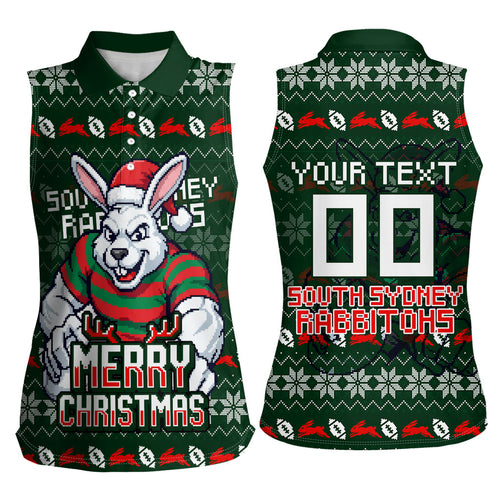 Personalized South Sydney Rabbitohs Christmas Women Sleeveless Polo Shirt Australian Rugby Fans - Pixelated Ugly Xmas Pattern Mascot Santa