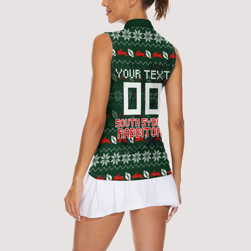 Personalized South Sydney Rabbitohs Christmas Women Sleeveless Polo Shirt Australian Rugby Fans - Pixelated Ugly Xmas Pattern Mascot Santa