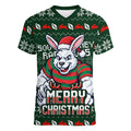 Personalized South Sydney Rabbitohs Christmas Women V-Neck T-Shirt Australian Rugby Fans - Pixelated Ugly Xmas Pattern Mascot Santa